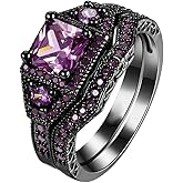 Black Gold Plated Womens Wedding Ring Sets Bridal Sets Princess cut Purple Cz Engagement Ring Wedding Band