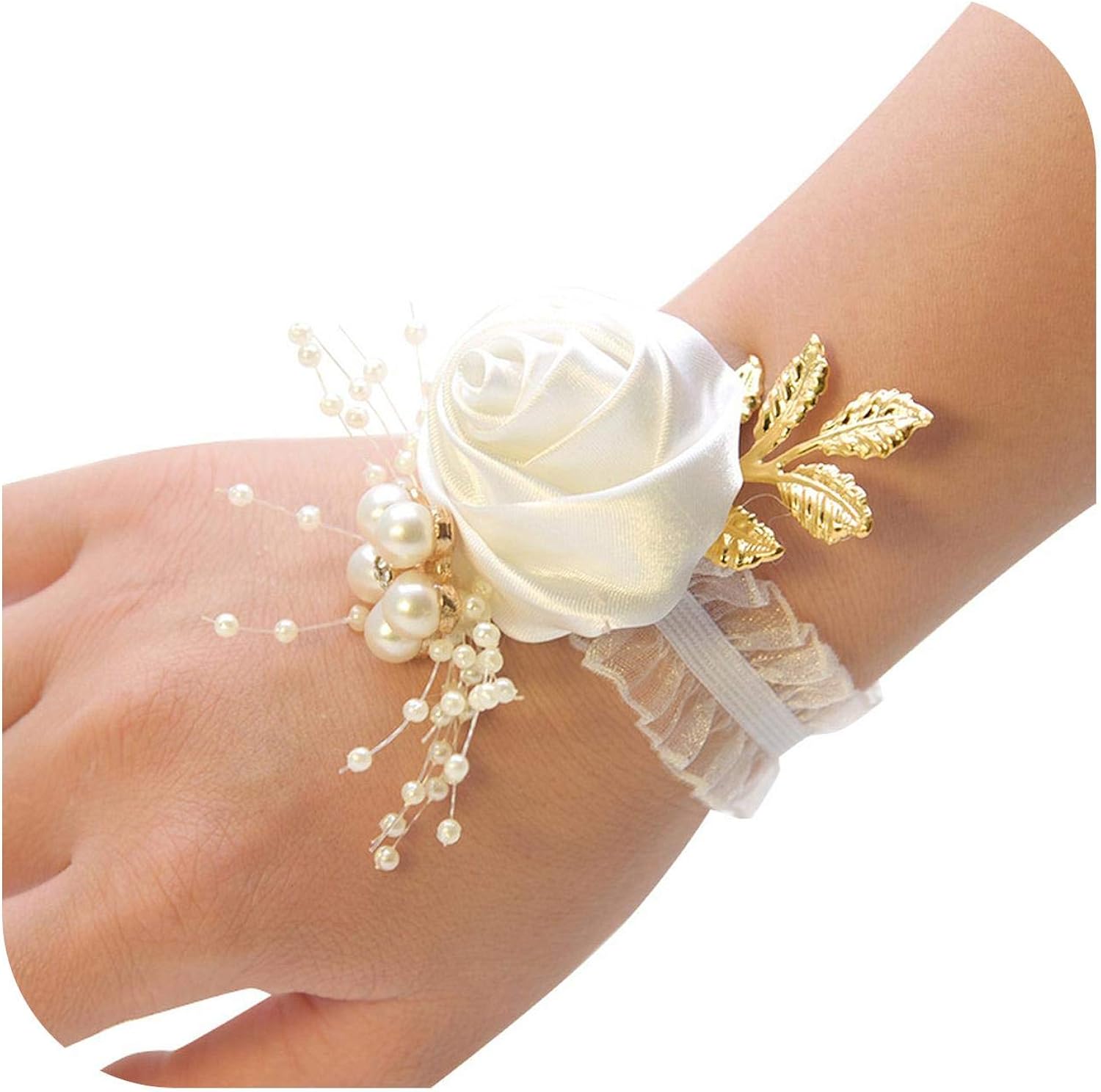 Corsage De Poignet Mariée Amosfun – Fleur Artificielle Avec Perles, Blanc – Pour Demoiselle D’honneur, Mariage – Bracelet élégant, Ajustable – Accessoire De Mariage Chic