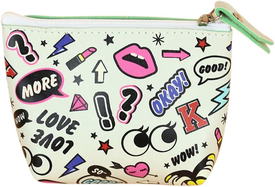 Cartoon Pattern Faux Leather Travel Wristlet Makeup Cosmetic Holder Bag Pouch - White yingyue