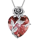 OCJ Valentines Day Gifts for Women Birthstone Necklace 925 Sterling Silver Rose Flower Heart Pendant Necklace Fine Jewelry Anniversary Valentine Birthday Gifts for Women Her Wife Girlfriend