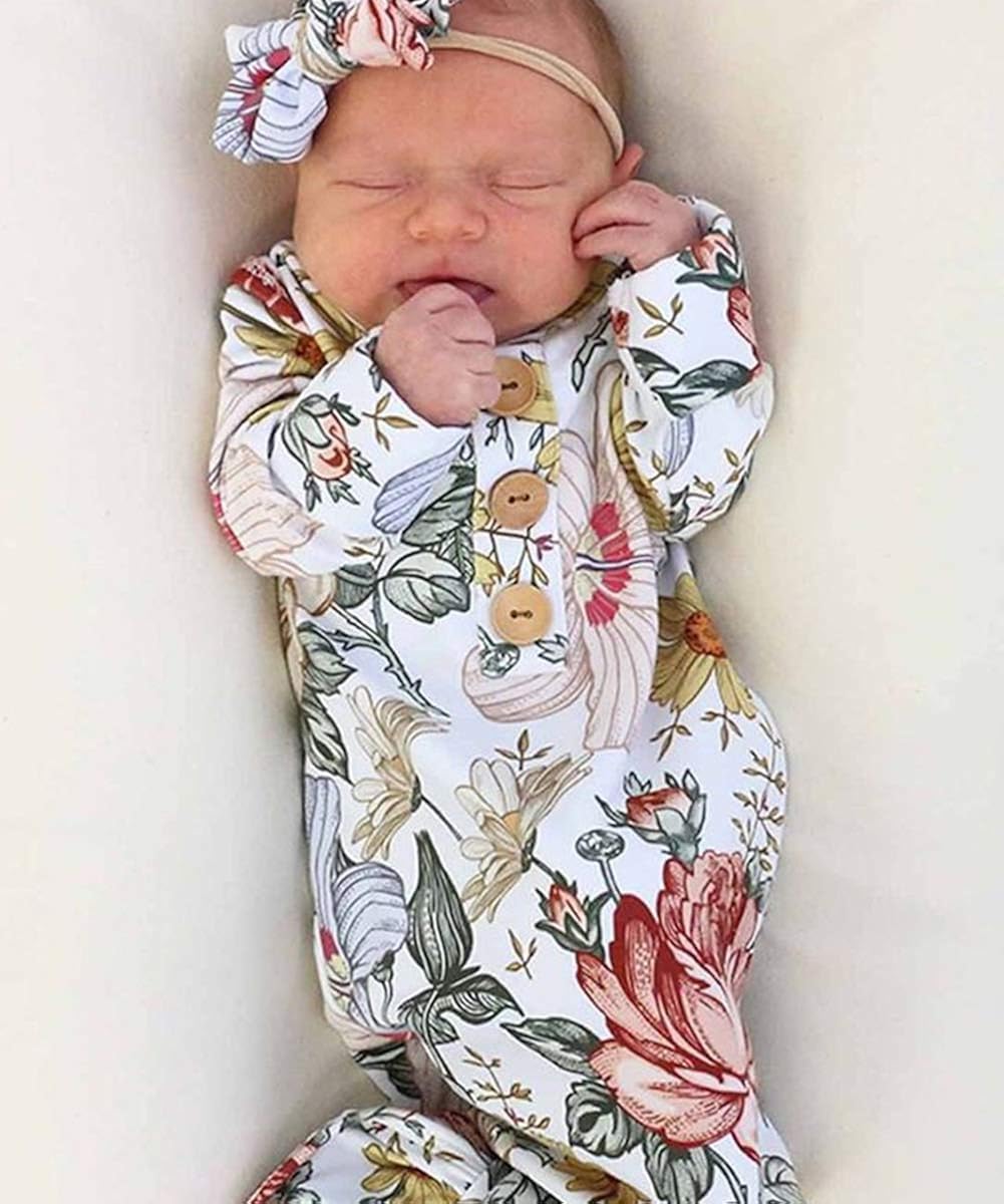 Newborn Baby Long Sleeve Knotted Gown Nightgown Sleepsacks Sleeping Bags New Coming Home Outfit: Clothing