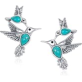 Genuine Turquoise Hummingbirds Earrings for Women, Sterling Silver Boho Native American Western Earrings Gemstone Jewelry