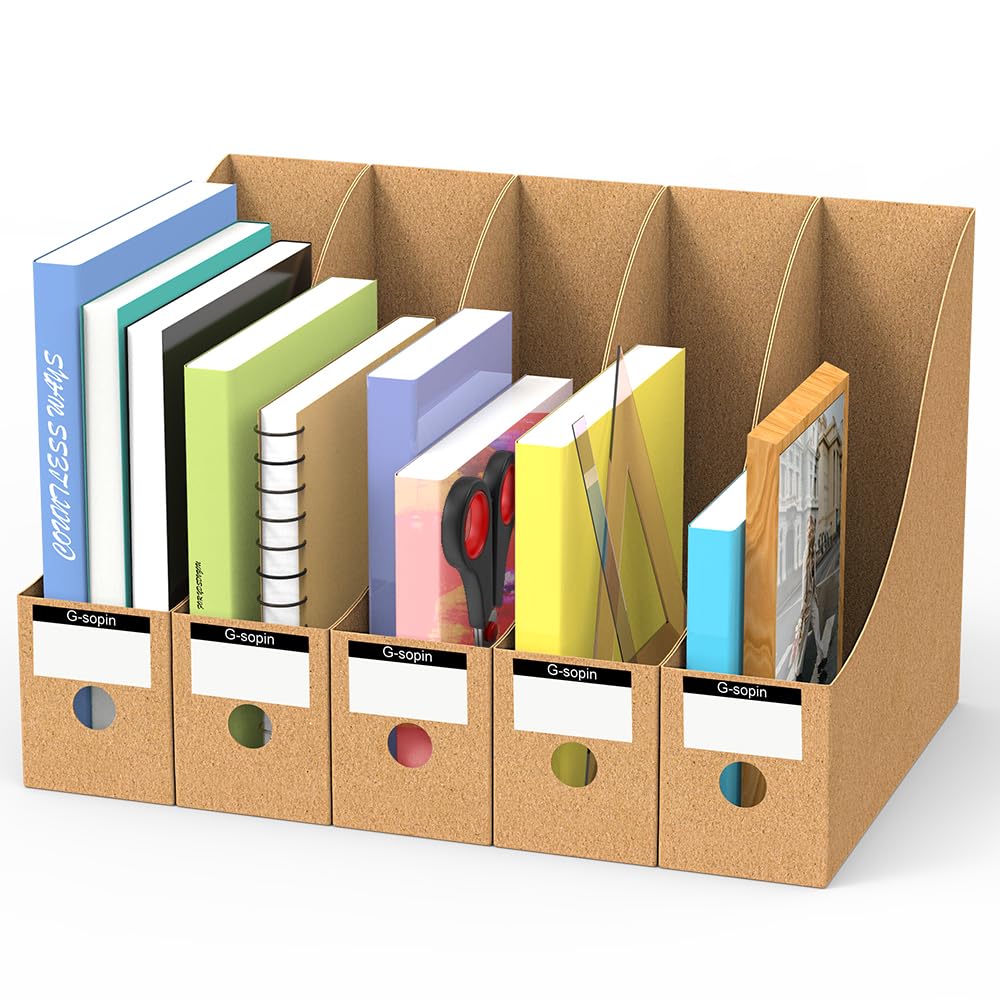 hoinya Magazine Files Holder, Cardboard Magazine Rack Pack of 5 with 5 Labels A4 File Organiser Box Recyclable Paper Files Folders for School Office Desktop File Paper Divider Storage