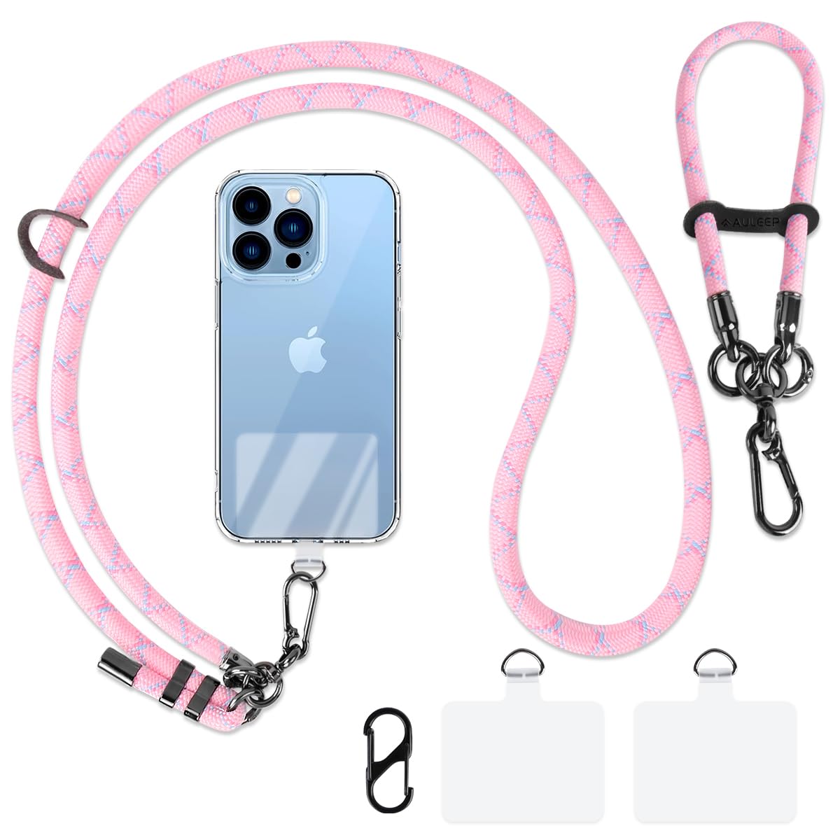 AULEEP Anti Theft Cell Phone Lanyard Crossbody, 2 Pcs Adjustable Phone Neck Safety Cross Body Strap & Wrist Strap for Women and Men with 2 Phone Tether Pads for iphone and All Smartphones (Pink)