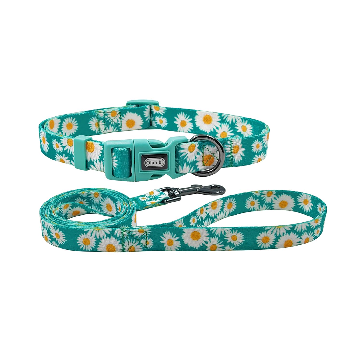Olahibi Dog Collar Leash Set, Floral Pattern, Polyester Material, Adjustable Collar and 150CM Matching Leash, for Large Dogs.(L,Green Daisy) — image 1
