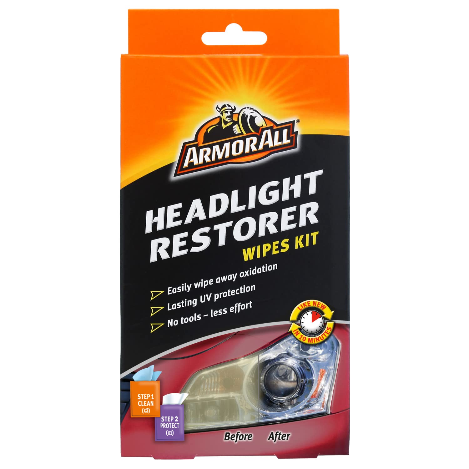 Armor All Headlight Restorer, Car Headlight Cleaning Wipes, 2 Wipes- Packaging may vary, Yellow