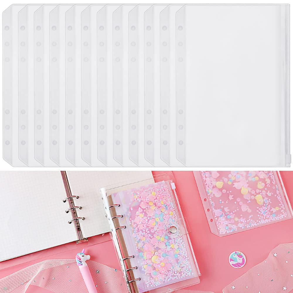 VCRANONR Pack of 12 Document Wallet A5 Translucent Binder Pockets 6 Holes Binder Pockets PVC Loose Leaf Notebook Waterproof Folder Pockets Document Pockets A5 for Files Documents Cards