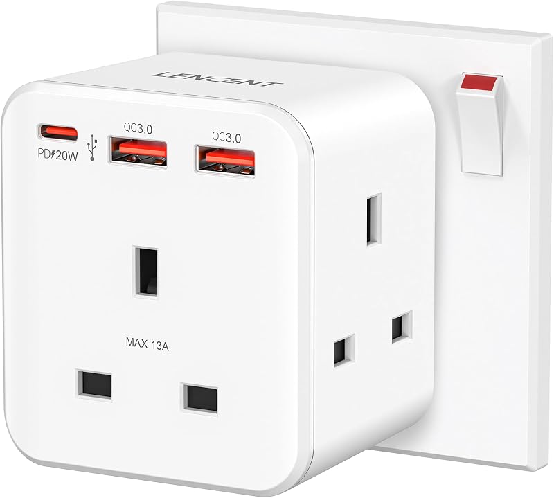 LENCENT 6-in-1 Cube Plug with 3 USB Fast Charge 20W PD QC 3.0 3250W