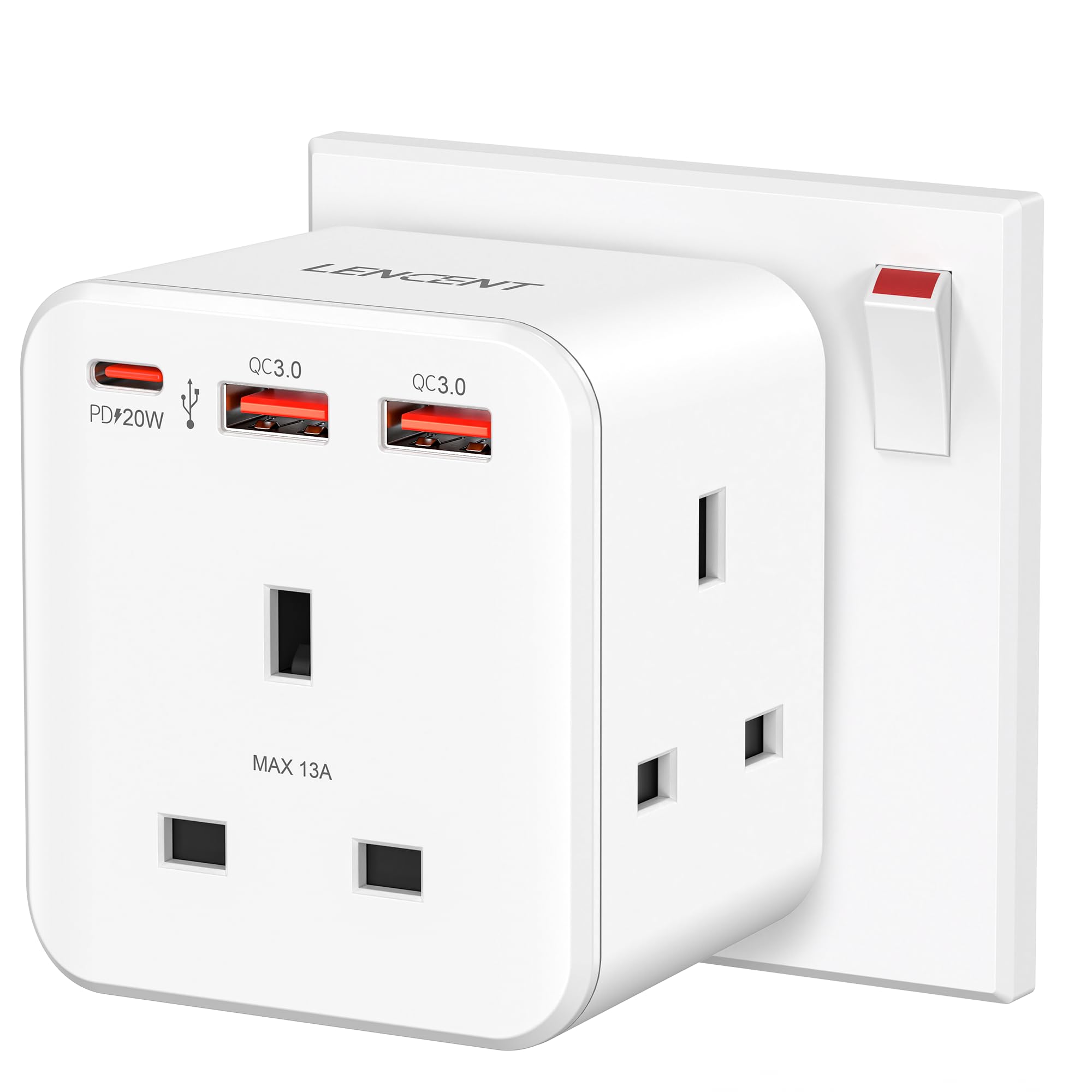 LENCENT 3 way plug adaptor with 3 Fast Charge USB, 6-in-1 Cube Multi Plug Extension with PD&QC 3.0 20W USB Wall Charger, Plug Extender for Home, Office, Kitchen, 13A 3250W