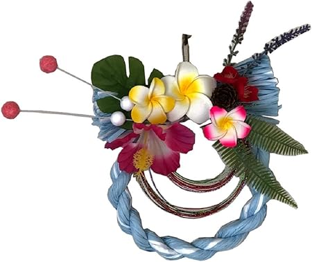 Amazon しめ飾り お正月 洋風しめ縄リース 水色mix 壁掛け 玄関 装飾 プルメリア ハイビスカス かわいい おしゃれ 手作り1点もの B 正月飾り おもちゃ