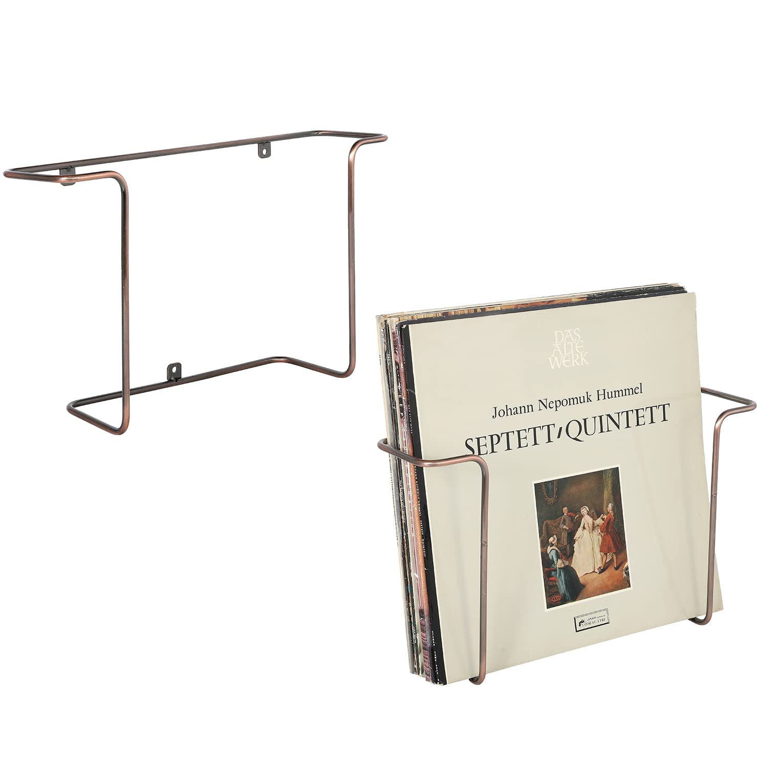 Photo 1 of MyGift Modern Metal Wire Wall Mounted Vinyl Records Storage Racks, Hanging LP Record Holders, Floating Album Cover Display Shelves, Set of 2 (Vintage Copper-2 Pcs)