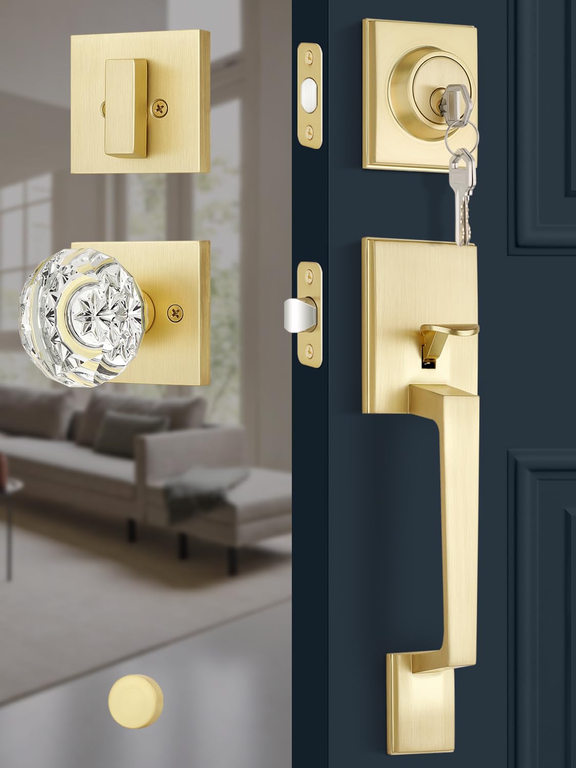 Photo 1 of EHOMEWARE Gold Front Door Lock Set, Front Door Handle with Single Deadbolt, Heavy Duty Exterior Door Lock Set, Satin Brass Entry Door Handle, Modern Glass Door Knobs, Universal Fit