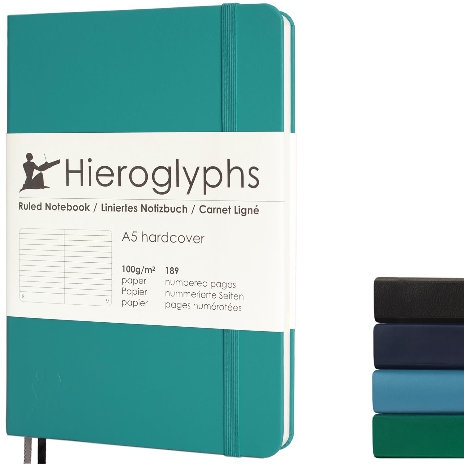 Hieroglyphs Notebook A5 with Hardcover, 189 Numbered Pages, 3 Colours, Organiser Index, Pocket, Elastic Closure, 2 Bookmarks, Light Blue