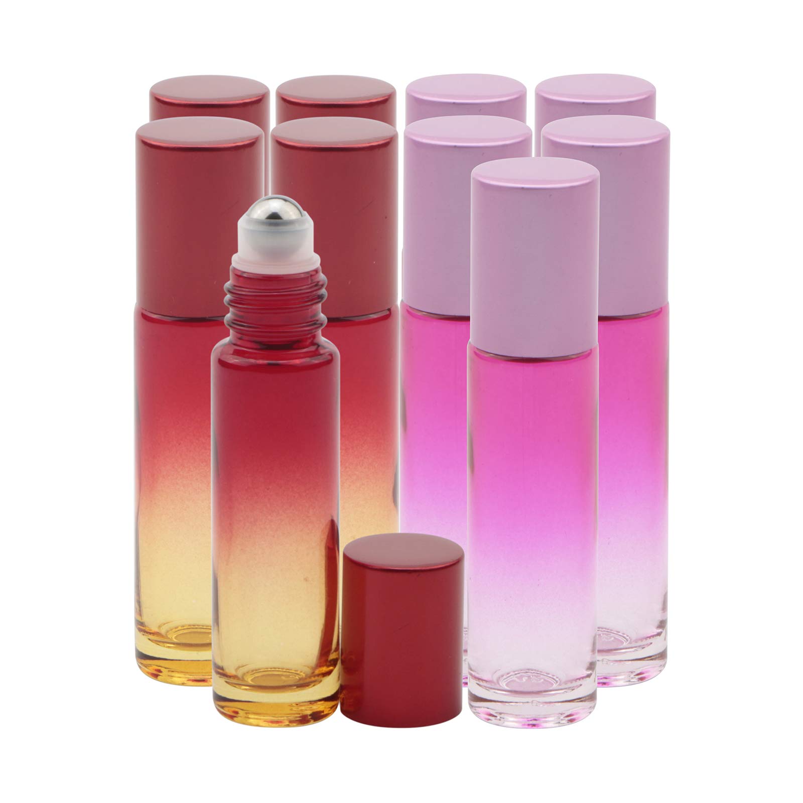 Rowiz 10Pcs 10ml Gradient Color Glass Roller Bottle, Empty Glass Sample Vials Roll on Bottles with Stainless Steel Ball and Gold or Silver Screw Cap for Aromatherapy Liquid Perfume Essential Oil