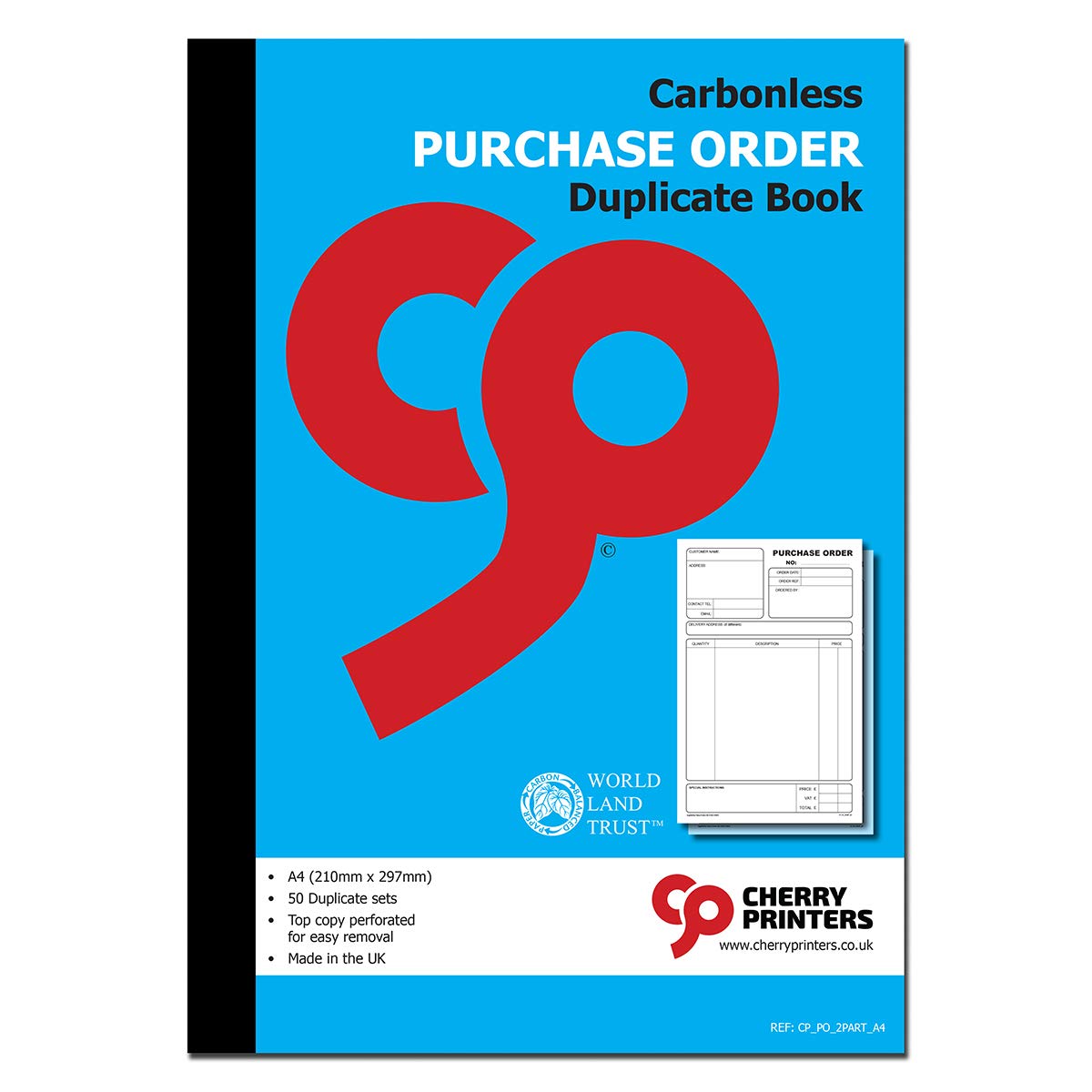 Cherry Carbonless Purchase Order Duplicate Book | A4 (210mm x 297mm) | 50 Perforated Sets | Made in the UK