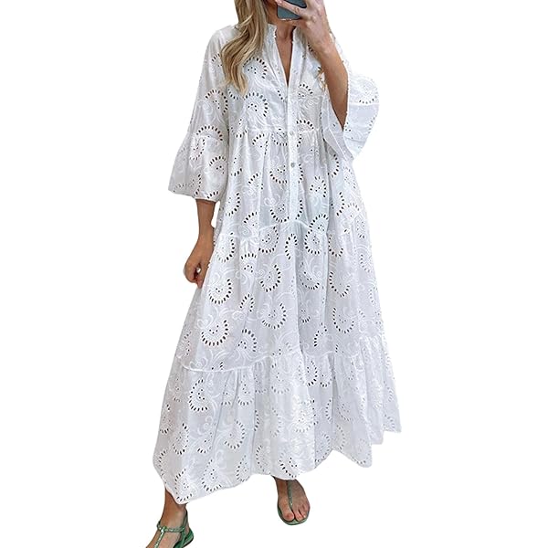 chouyatou Women's 2026 Lace Eyelet Embroidery Maxi Dress V-Neck Trumpet  Sleeve Boho Flowy Swing Dress (X-Small, Blue) at Amazon Women's Clothing  store