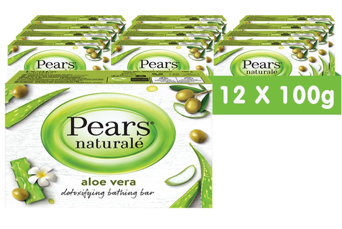 Pears Naturalé Soap Bar - Aloe Vera Detoxifying Bathing Bar with Pure Glycerin, Mild & Gentle Cleansing Formula for Daily Skin Radiance, Ideal for Hydrating Face, Body, and Hands - 100 g (Pack of 12)