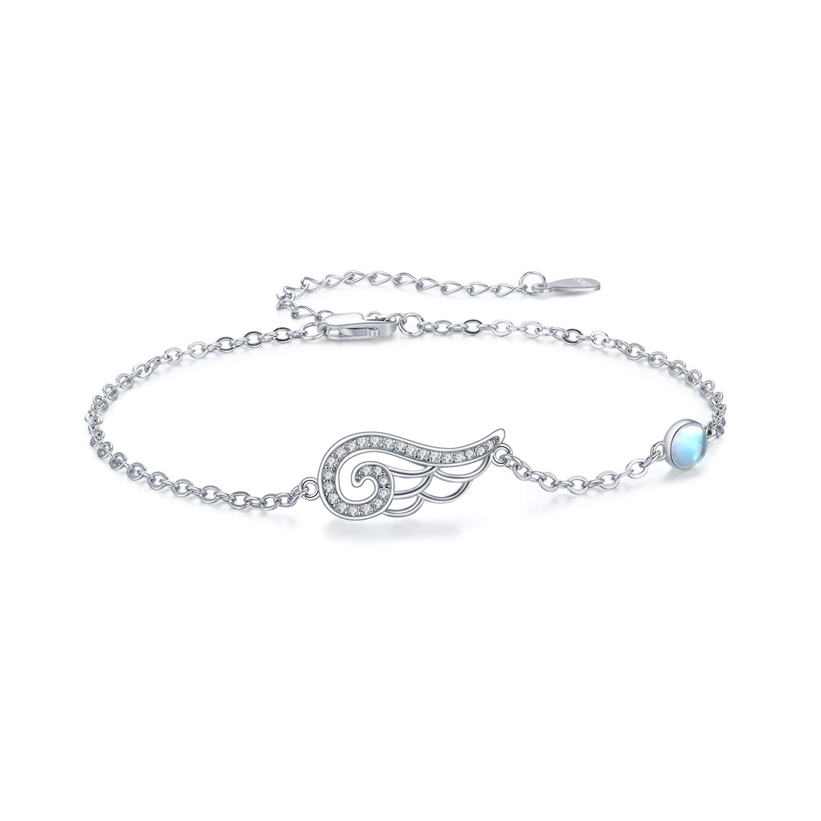 TRISHULA Wings Bracelet 925 Sterling Silver Moonstone Bracelet Cubic Zirconia Bracelet Adjustable Bracelet Wings Jewellery Gifts for Women Girls Kids