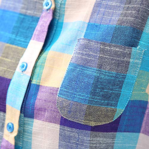 Usstore Women Girls Colorblock Plaid Casual Blouse Mandatory Full Sleeve Button Loose Daily Shirt Top Coat Cardigan (XXL, Blue)