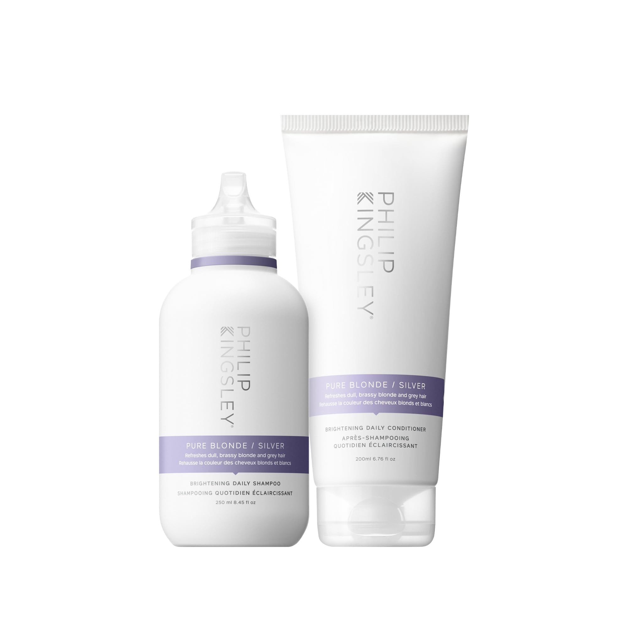 Philip Kingsley | Pure Blonde/Silver Purple Shampoo and Conditioner Set | Colour Correcting Conditioner for Platinum Blonde Brassy Hair | For Orange Brassiness and Yellow Tones | 250ml and 200ml