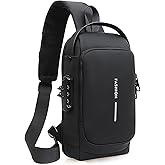 PEAGLOB Travel Sling Bag Waterproof Crossbody Bag with Combination Lock Anti-Theft PU Leather Chest Bag