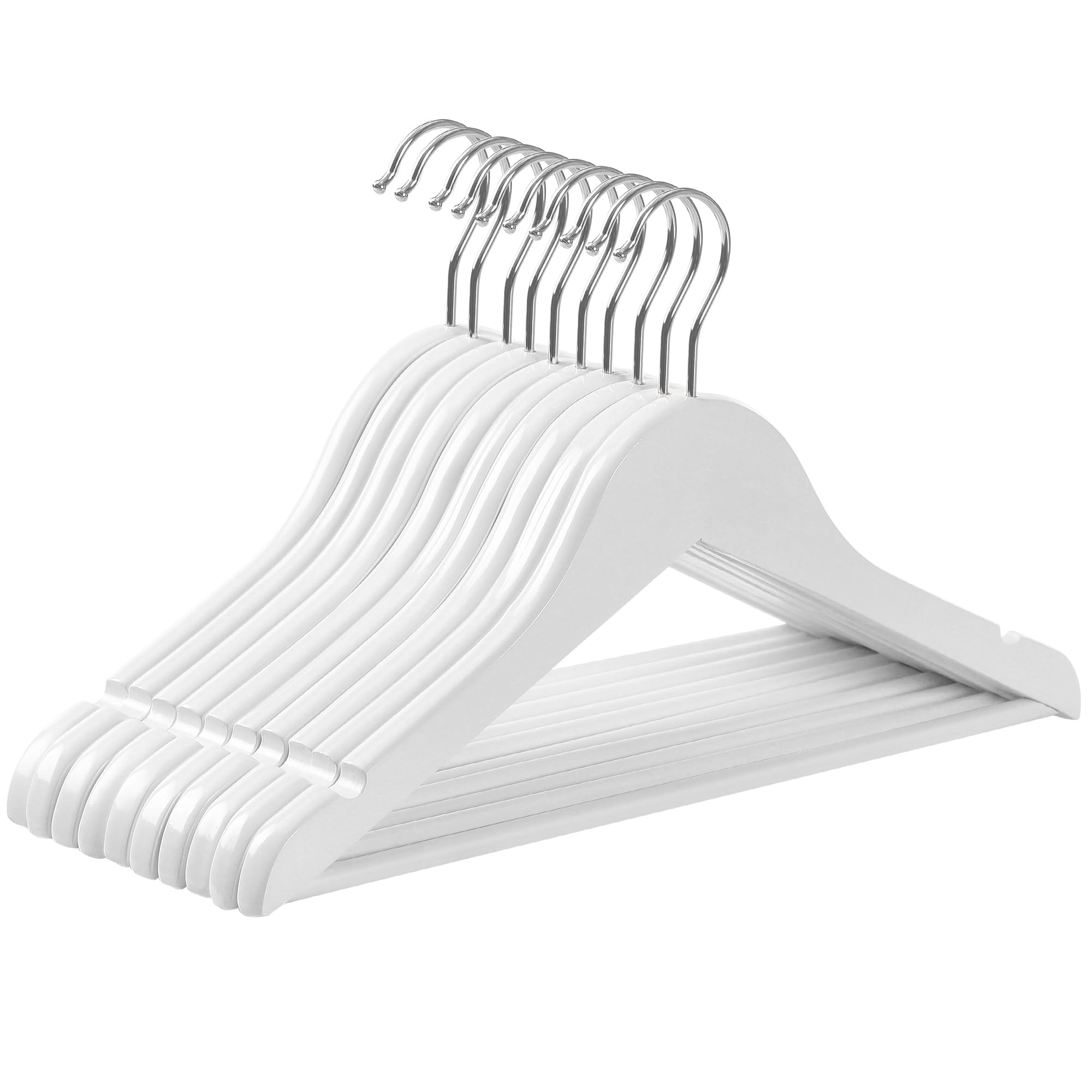 SONGMICS Wood Children's Hangers, Pack of 10 Kid's Clothes Hangers, with Trousers Bar, Shoulder Notches, 360° Swivel Hook, 35 cm Long, White and Silver CRW006W02