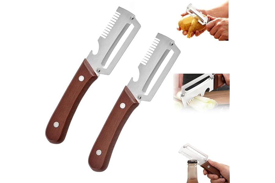 Premium Vegetable Peeler with Wooden Handle and Bottle Opener,Multi-Functional Vegetable Peeler for Kitchen, 2-In-1 Stainless Steel Kitchen Tool, for Fruit Veggie, Includes Bottle Opener (3-In-1 2PCS)