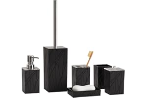 BTHENOV Bathroom Accessory Set - 6 PCS Black Bathroom Accessories Sets Complete with Soap Dispenser, Toothbrush Holder and Cup, Soap Dish, Toilet Brush and Holder, Qtip Holder, Bathroom Accessories Decor Set