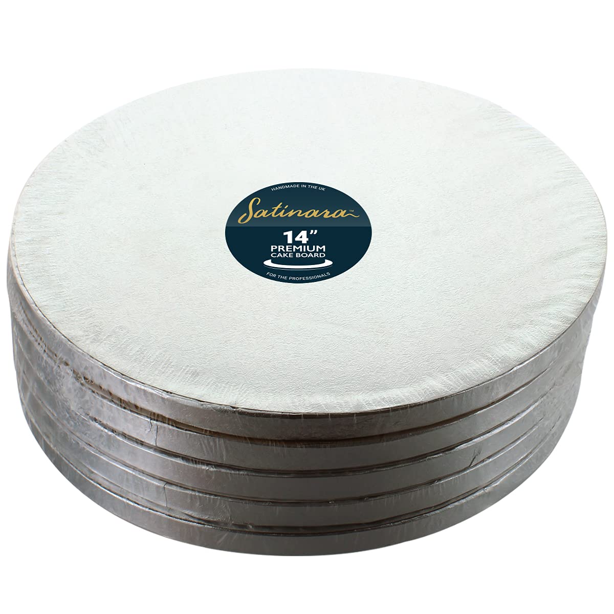 Satinara 14" Cake Boards, Luxury Cake Drums, Silver Foil Covered, 12mm thick - 14 inch Round (Pack of 5) — image 1