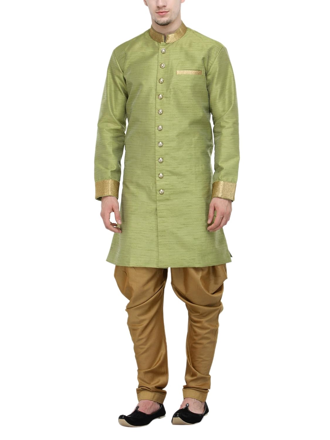 rg designers parrot green and gold plain sherwani for men