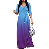 PinkPatty Women's Gradient Maxi Dress 3/4 Sleeves V Neck Cocktail Party Dress Belted Wrap Dresses(Gradients24 2XL)