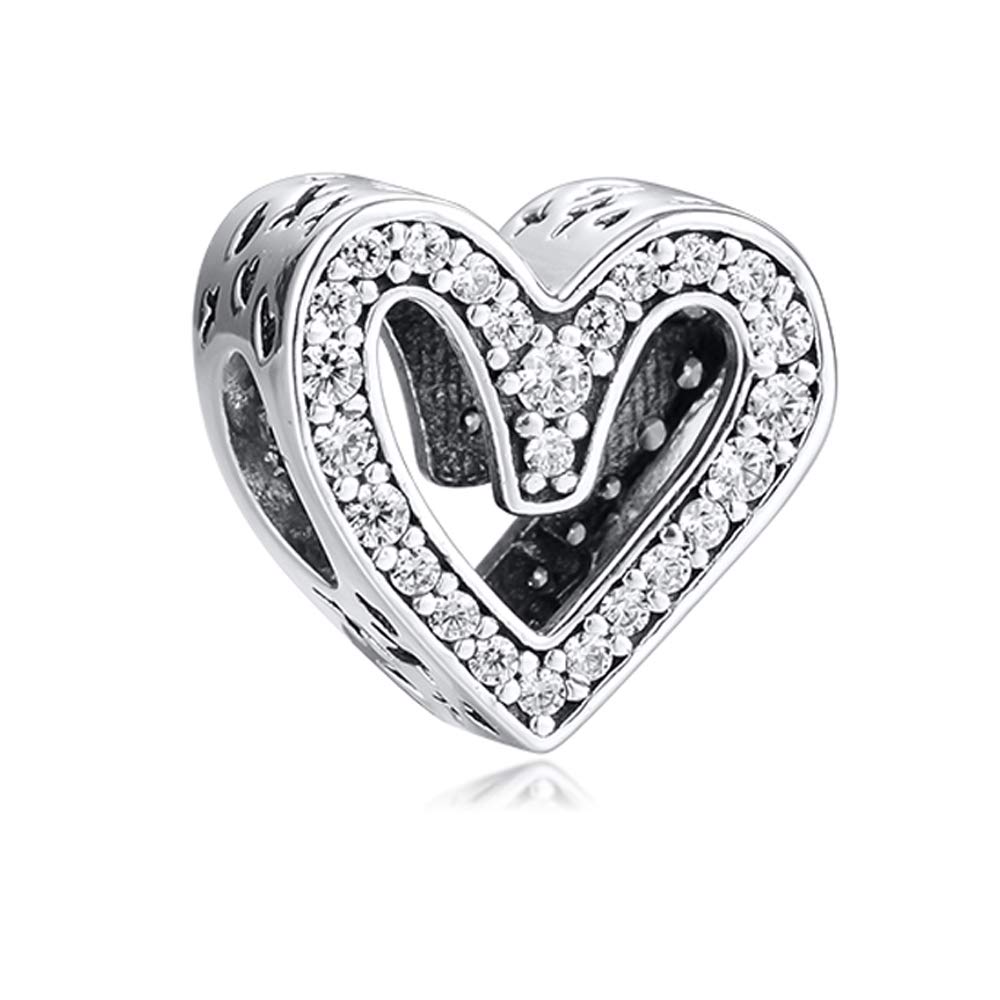PANDOCCI 2020 Valentine Day Gift Sparkling Freehand Heart Bead 925 Silver DIY Fits for Original Pandora Bracelets Charm Fashion Jewelry (Silver)