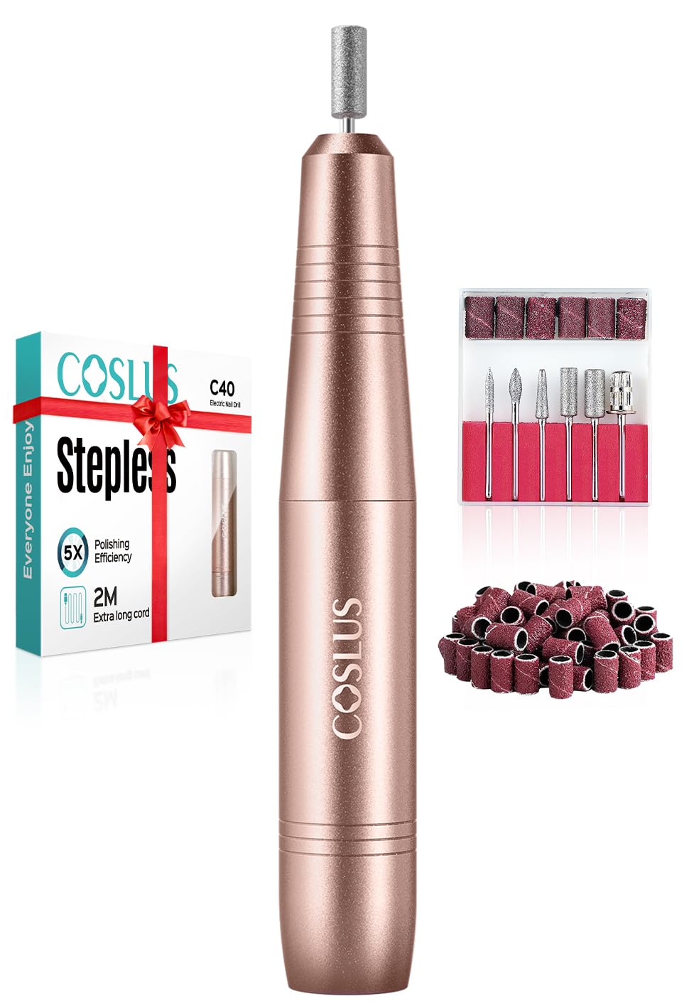 COSLUS Nail Drill, Adjustable Speed 20000RPM Electric Nail Files for Gel Acrylic Nature Nails, Portable Manicure Pedicure Set with 6 Drill Bits 31 Sanding Bands, E File for Beginner Women Mum