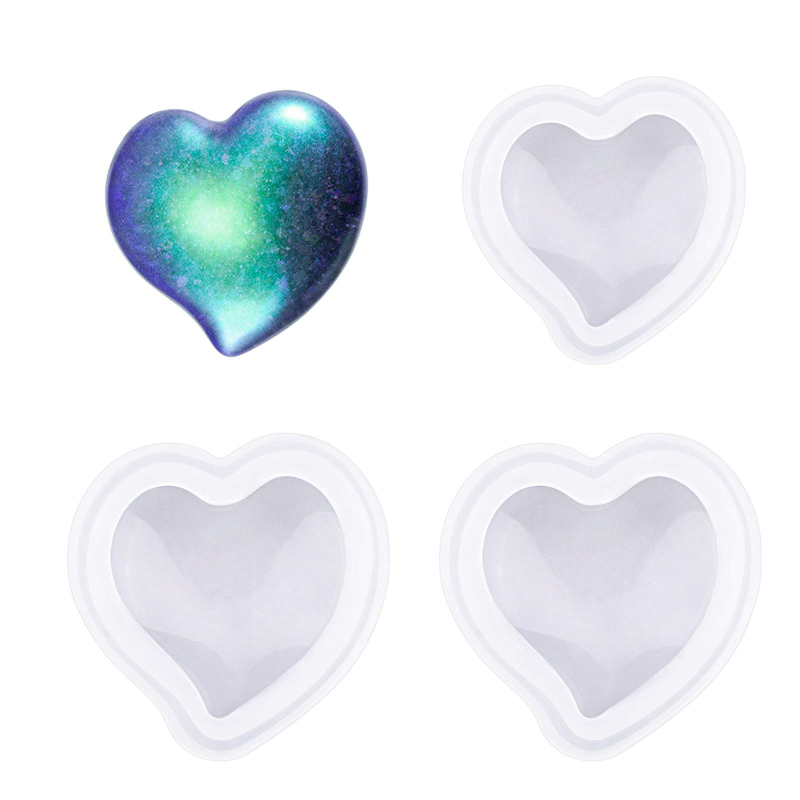 WANDIC 3pcs Silicone Heart Epoxy Resin Molds Handmade Fondant Molds for Craft DIY, Jewelry Decoration and Soap Making