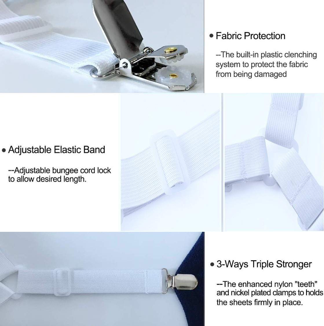Yamor Bed Sheet Holder Straps,Triangle Sheet Fasteners,Adjustable Elastic Suspenders Gripper Holder Straps Clip for Fitted Bed Sheets, Mattress Covers,Sofa Cushion& More (4 Pack-White): Home & Kitchen