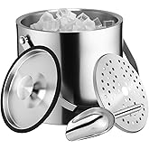 meekoo 4 L Double Wall Insulated Ice Bucket with Lid, Scoop, Strainer, Handle Large Stainless Steel Wine Ice Bucket Upgraded Cover Keep Frozen Longer for Cocktail Bar Parties(Silver)