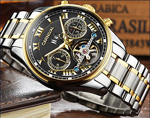 PASOY Carnival Men's Watch Automatic Mechanical Tourbillon Stainless Stell Date Black Dial Skeleton Watch