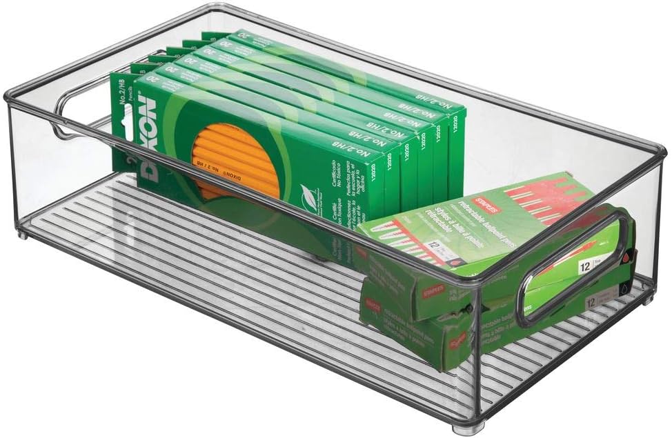 mDesign Stackable Plastic Office Storage Bin Container, Desk/Drawer Organizer Tote with Handles for Organizing Gel Pens, Erasers, Tape, Pencils, Highlighters, Markers - 8" Wide - Smoke Gray