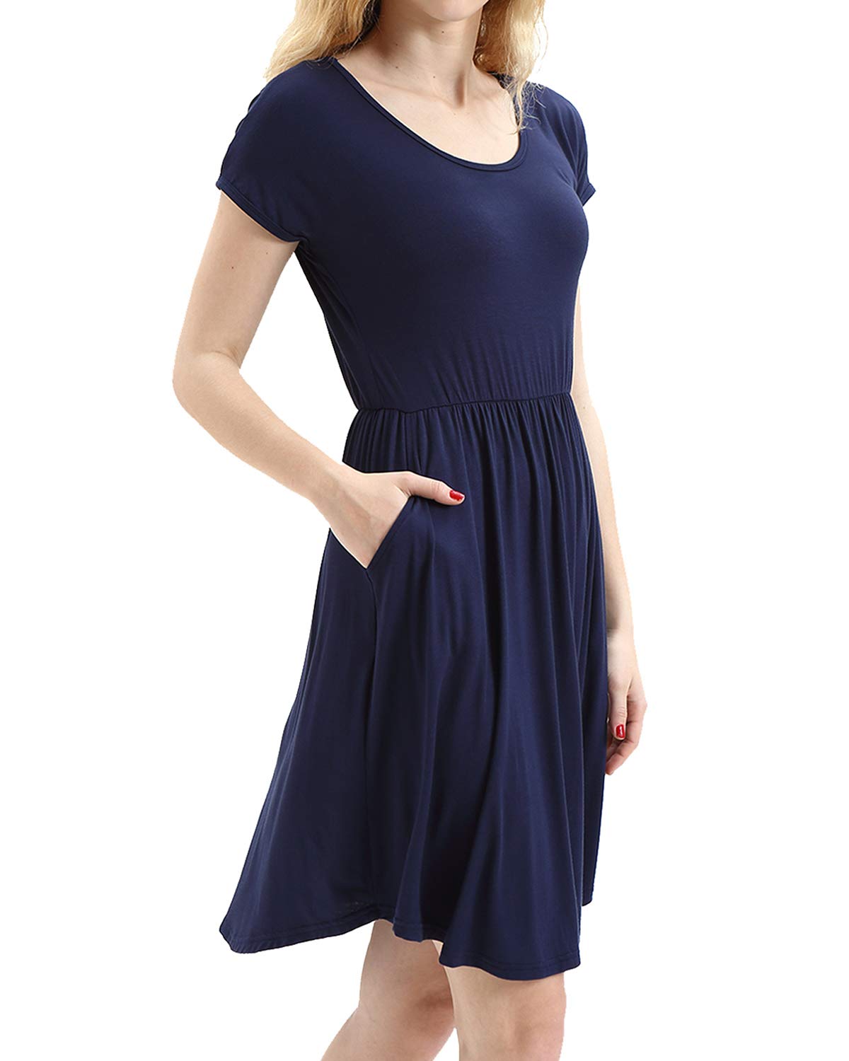 HUALAIMEI Dress Shirts for Women Business Casual, Ladies Scoop Neck Short Sleeve Midi Dresses Knee Length Comfy Long Tunic with Pockets Navy Blue L