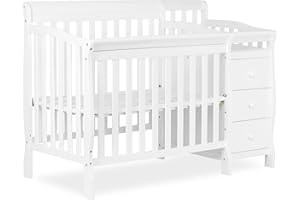 Dream On Me Jayden 4‑in‑1 Mini Convertible Baby Crib & Changer with Storage in White, Pinewood, GreenGuard Gold & JPMA, 1” Mattress Pad, 3 Mattress Heights, Converts to Mini Day & Twin-Size Bed
