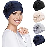 XEPST 4 Pieces Chemo Headwear for Women, Turbans Cap Beanie Hat Head Wraps Hair Coverings for Women, Women's Sleep Caps Chemo Cancer Hat with Flower Design
