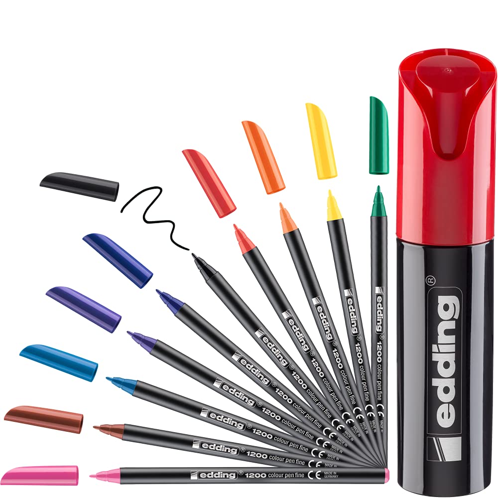 edding 1200 Colour Pen Fine - Black Red Blue Green Yellow Orange Brown Violet Pink Light-Blue - Tin of 10 Felt-Tip Pens - Round Tip 1 mm - Drawing and Writing - School Or Mandala - Set, Can Box of 10