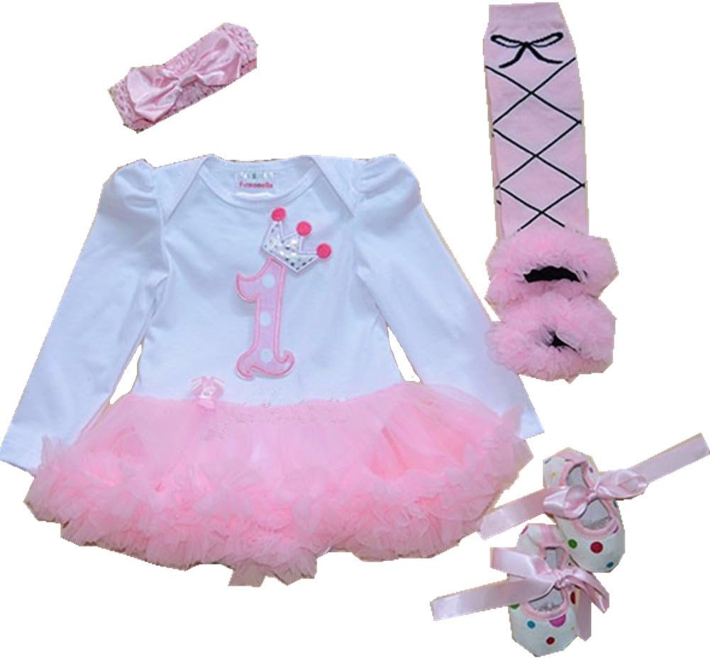 Anik Sunny Newborn Baby Girl Romper Dress Costume Clothes Jumpsuit 4Pcs Long Sleeve Outfit Tutu Skirt Legging Warmer +Shoes+Headband (0-3 Months, 1st Birthday crwon)