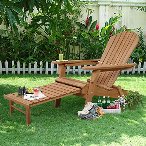 Hulaloveshop Foldable Wood Pull Out Adirondack Chair Folding Ottoman Outdoor Patio Lawn Yard Garden Deck Furniture Fold Up Portable