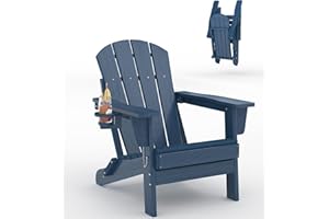 Folding Adirondack Chair - All-Weather HDPE Outdoor Patio Chair with Wooden Textured Look & Cup Holder, Foldable Fire Pit Cha