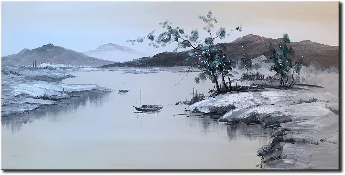 Paintings - AIANHUA Handmade Textured Black and White Landscape Canvas Wall Art Lake with Boat Dock Painting Abstract Artwork for Decor