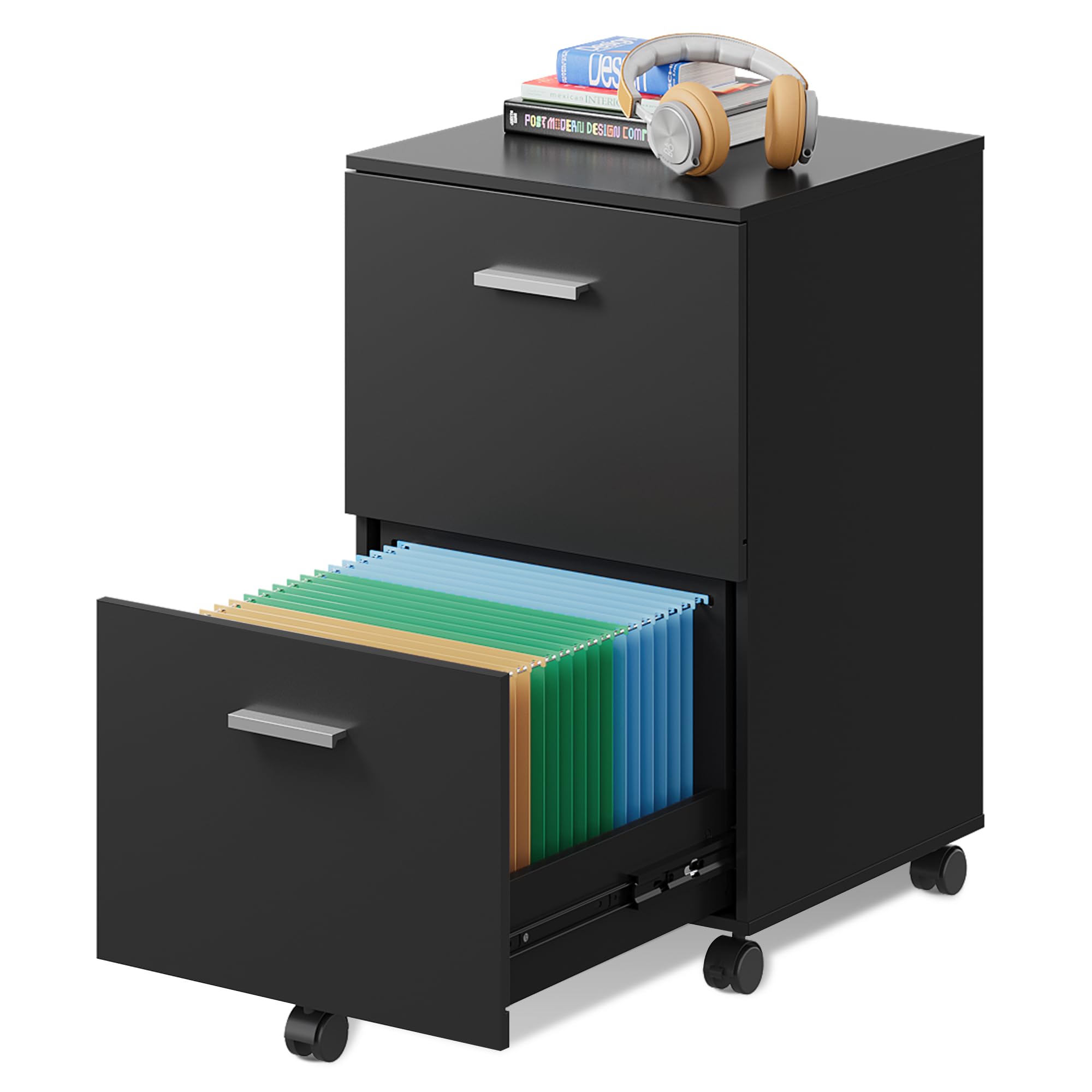 Photo 1 of DEVAISE 2 Drawer File Cabinet, Small Rolling Filing Cabinet for Home Office Fits A4, Letter Size Hanging Files, Wood Office Drawers for Under Desk, Black