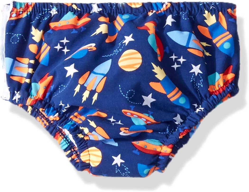 Swim Time Boys' Baby Reusable Swim Diaper UPF 50+ with Side Snaps, Navy Space/Rocketships, Large 12-18M