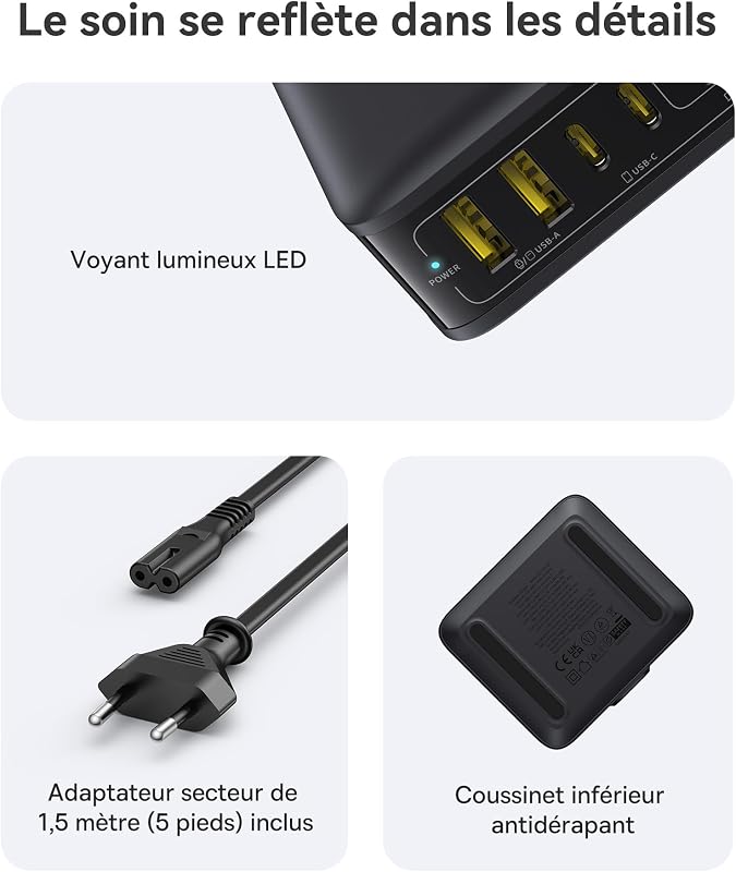 Chargeur USB C 120W, Station de Charge 6-Port, Chargeur Rapide pour iPhone 16/16 Plus / 16 Pro / 16 Pro Max/séries 15/14/ 13, MacBook Air, Pixel, Galaxy, iPad, et Autres