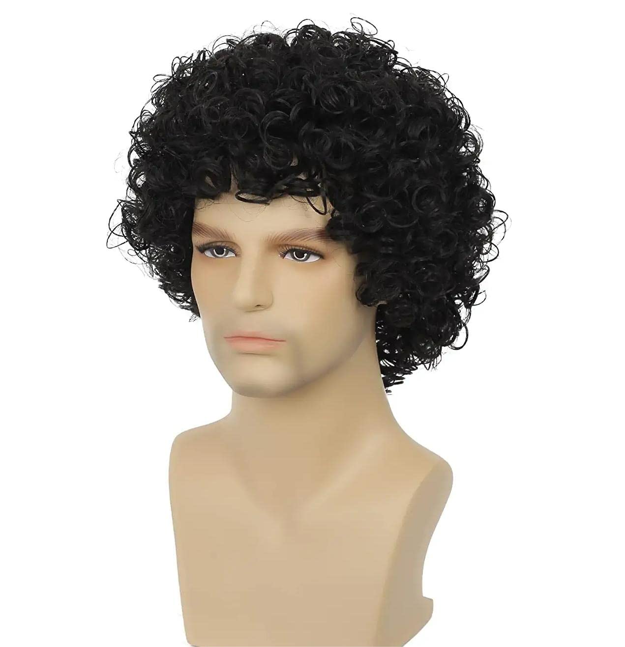 Photo 1 of Dai Cloud Curly Wig Men Afro Short Black Rocker Party Wigs 70s 80s Fluffy Synthetic Daily Cosplay Halloween Hair Wig for Male Guys (Black)